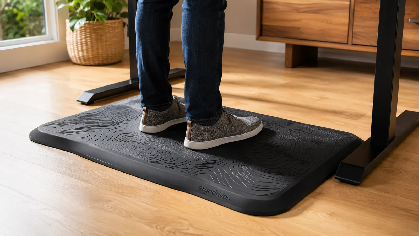 Person standing at a desk with feet on a contoured anti-fatigue mat, shifting weight onto the raised center mound