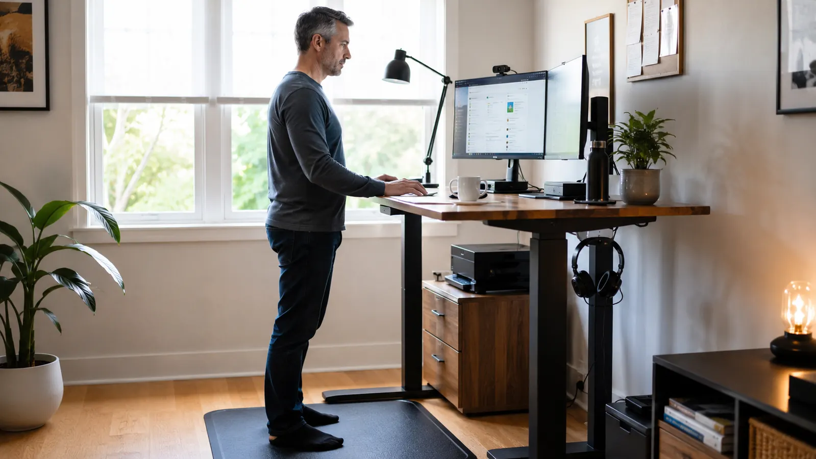 Home office standing desk with a contoured anti-fatigue mat on a light wood floor, morning light from a nearby window