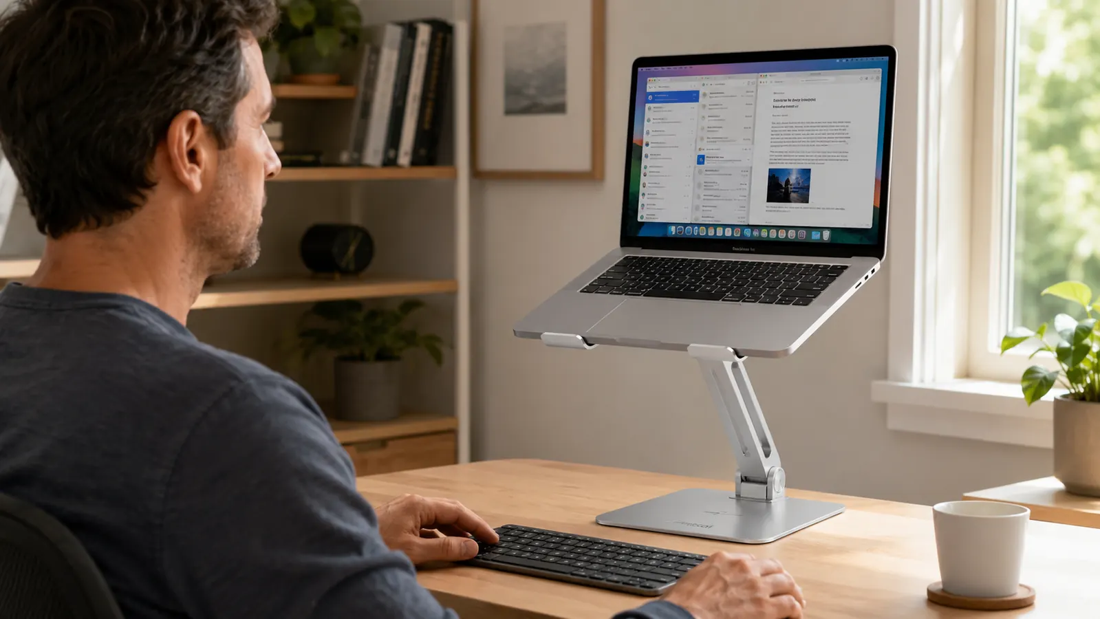Close-up of the Lamicall laptop stand grips holding a laptop with ventilation space visible underneath