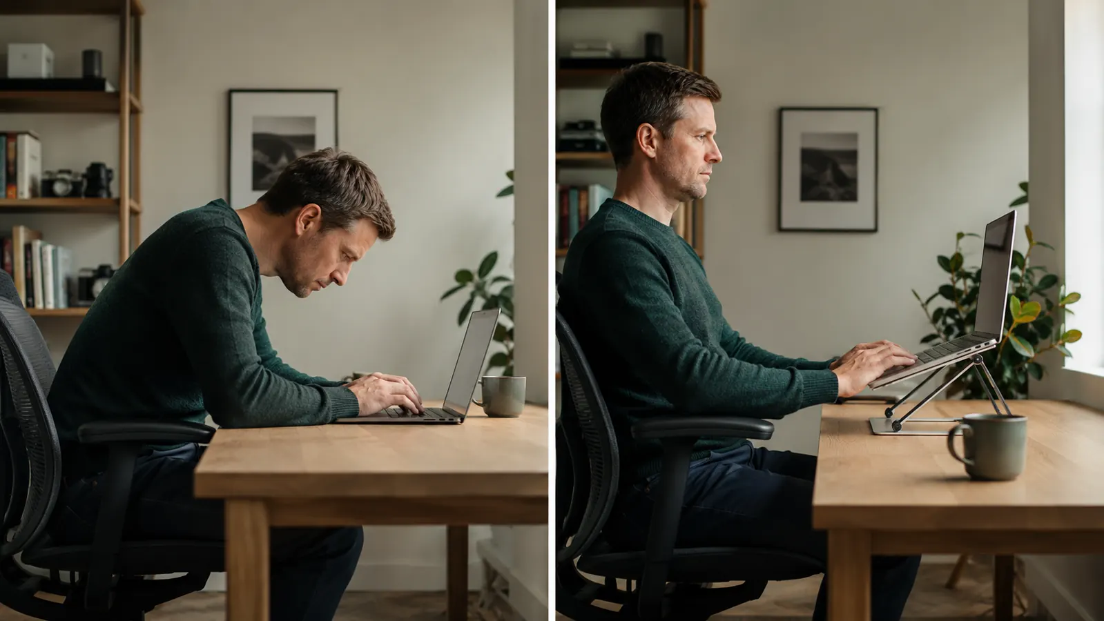 Remote worker sitting upright at a tidy desk using a laptop on a stand with a separate keyboard, looking relaxed and focused