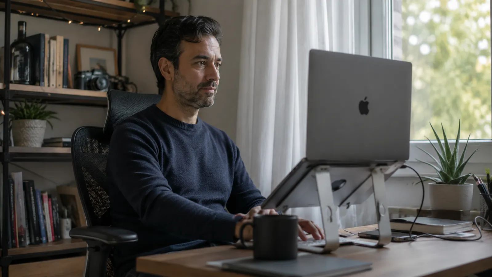 Aluminum laptop stand raising a MacBook to eye level on a clean home office desk with a wireless keyboard in front