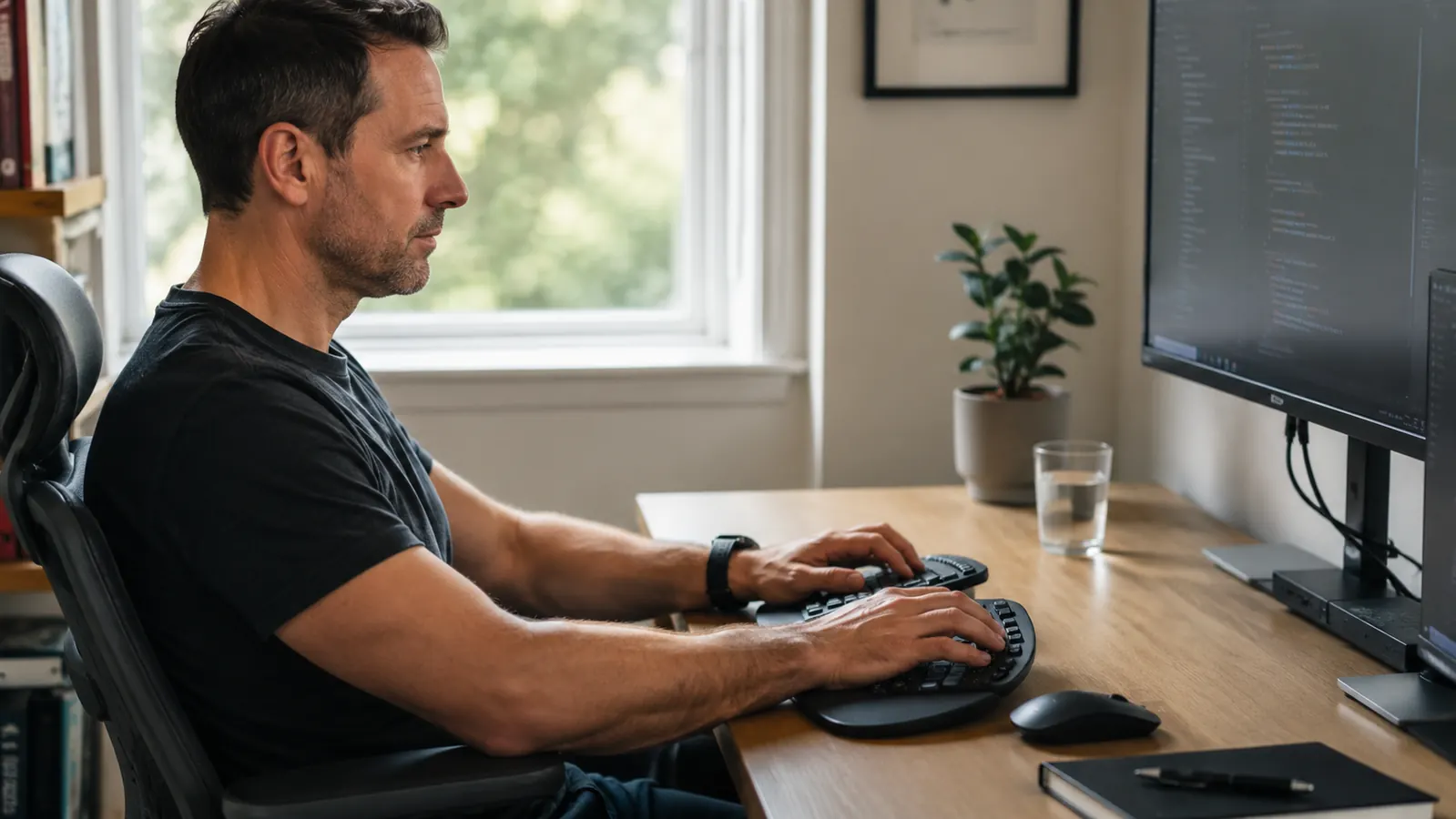 Split ergonomic keyboard on a clean home office desk with soft natural window light