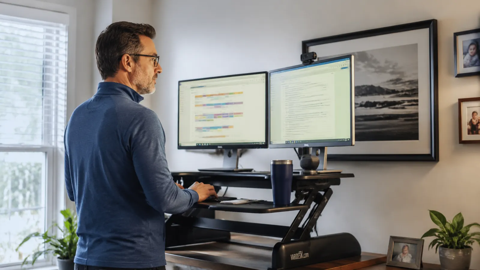 A tidy home office desk with a sit-stand converter raised to standing height, laptop and monitor on the platform, warm afternoon light through a window