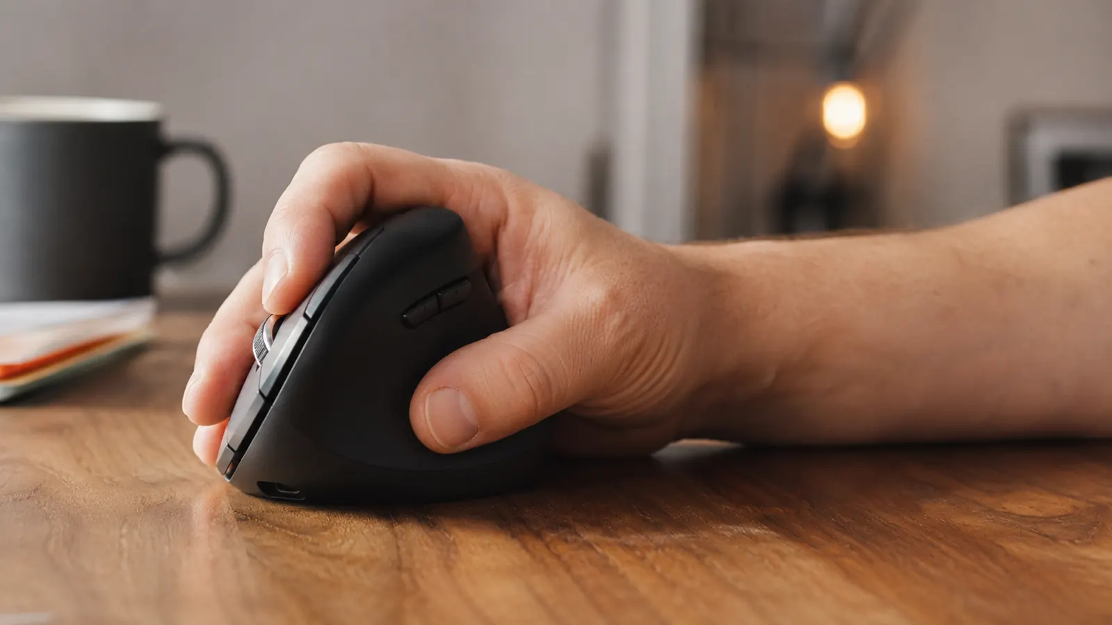 Person working comfortably at a standing desk in the afternoon with a vertical mouse and ergonomic keyboard