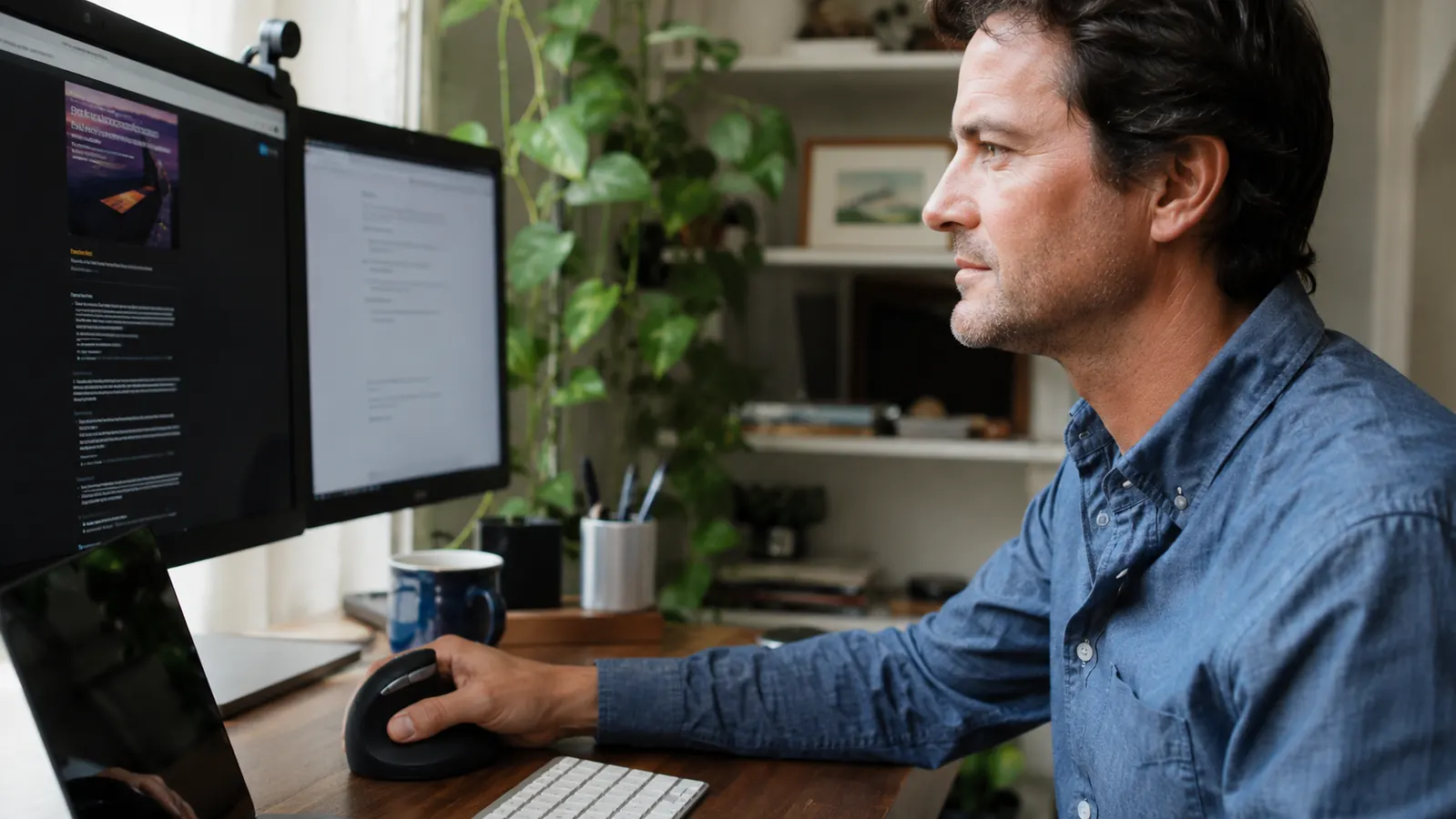 Remote worker at a clean home office desk with a vertical ergonomic mouse in a natural handshake grip