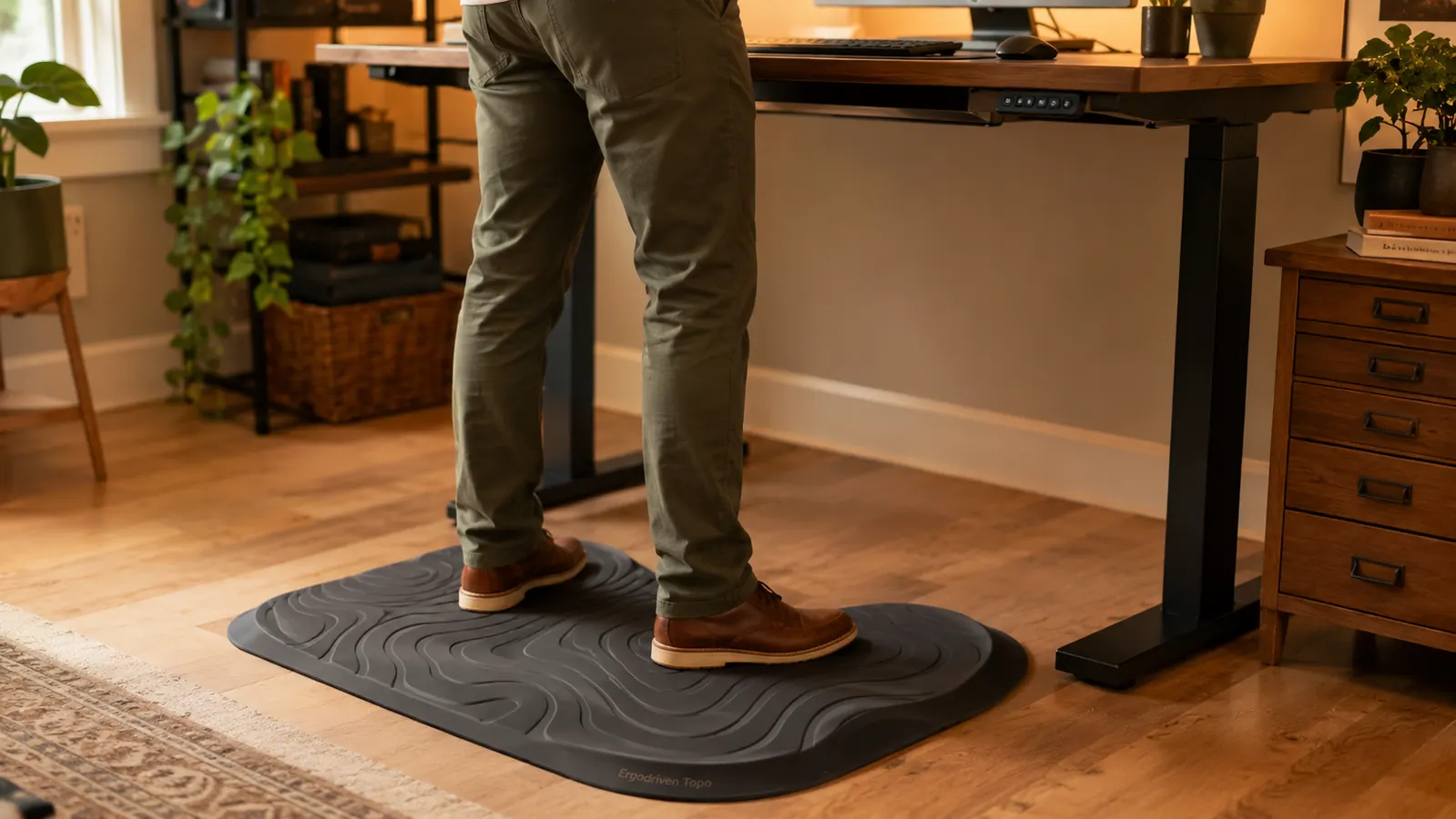 Person in bare feet standing on the Ergodriven Topo mat showing heel on the raised dome and toes on the sloped front edge