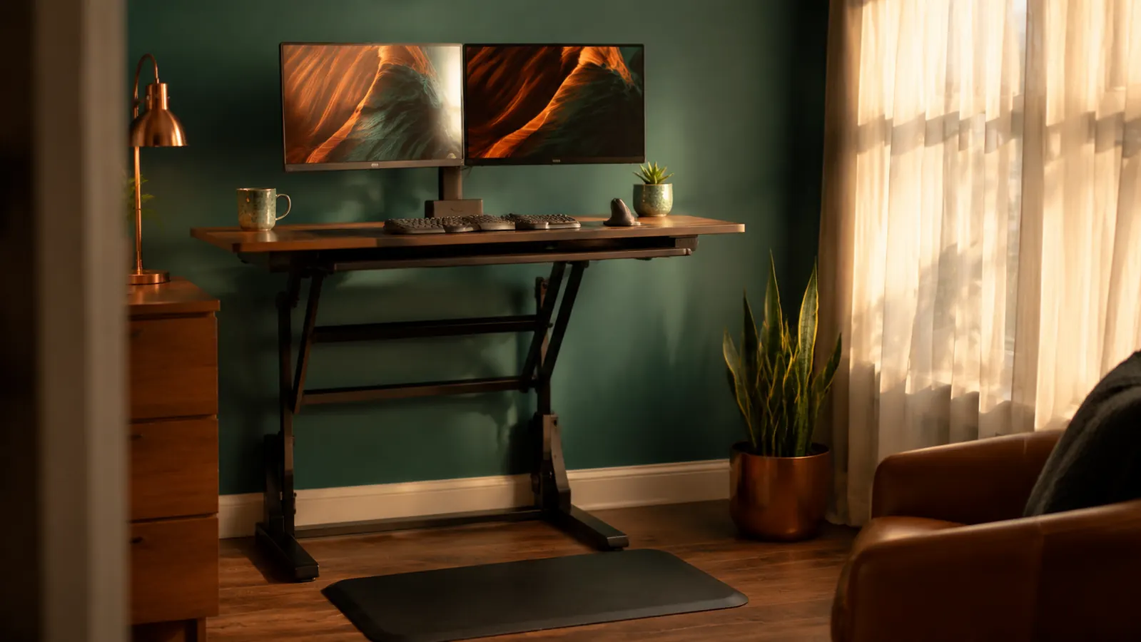 A practical home workstation in warm morning light, calm and grown-up