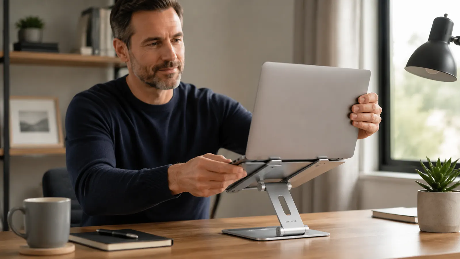 Close-up of a Lamicall laptop stand on a wooden desk with a laptop docked at eye level and an external keyboard placed in front
