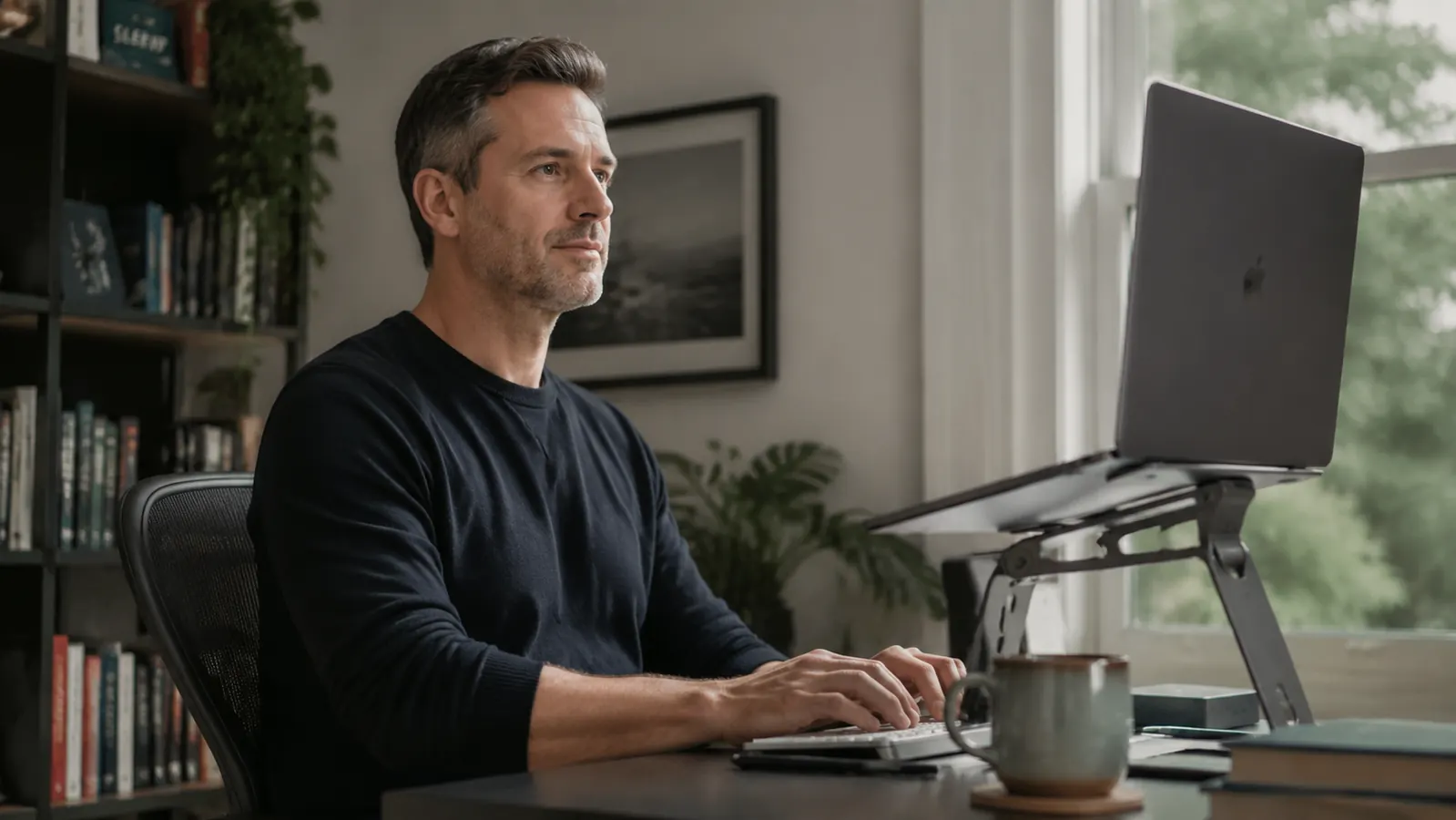 Remote worker at a tidy home office desk, laptop raised on a stand to eye level, good posture, neutral light through a window