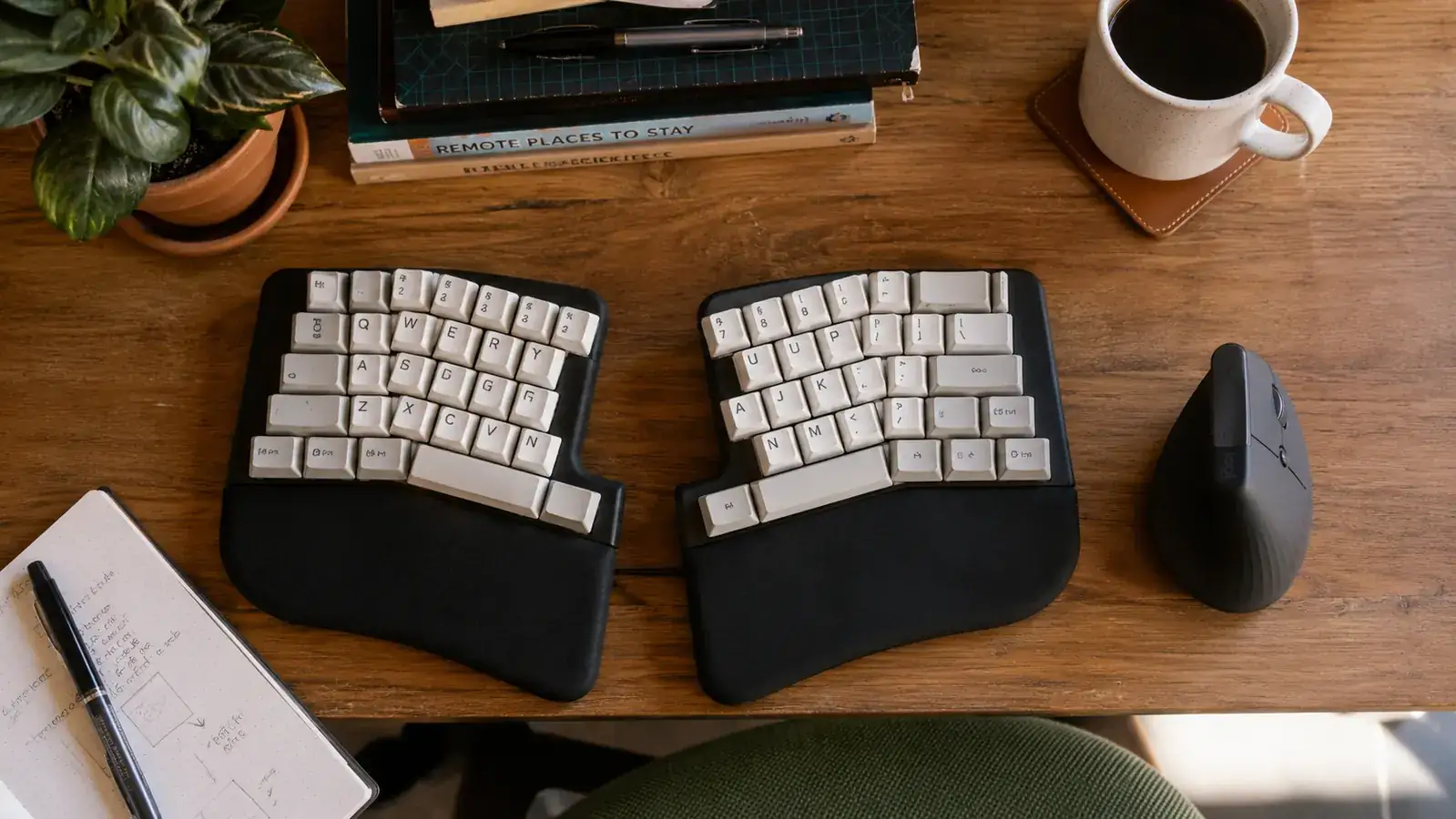 Well-organized home office desk showing keyboard, vertical mouse, and monitor riser in daily use position