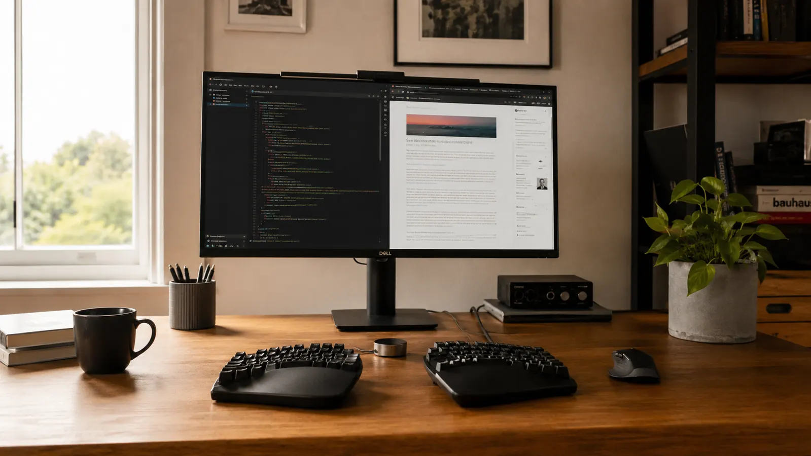 Clean home office desk with a split ergonomic keyboard centered in front of a monitor at eye level, warm morning light through a window
