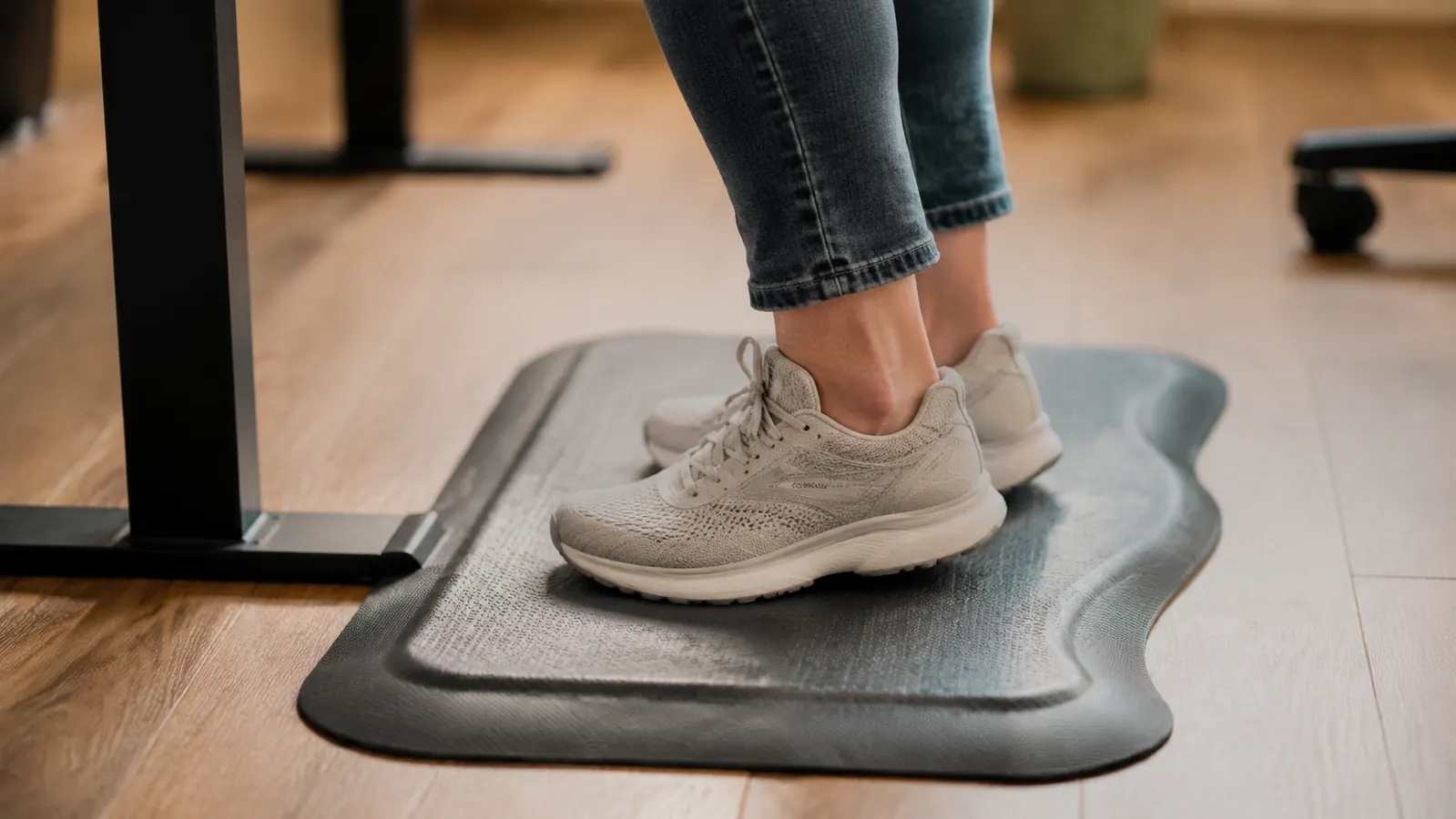 Person doing a calf raise and subtle weight shift while standing at their home office desk