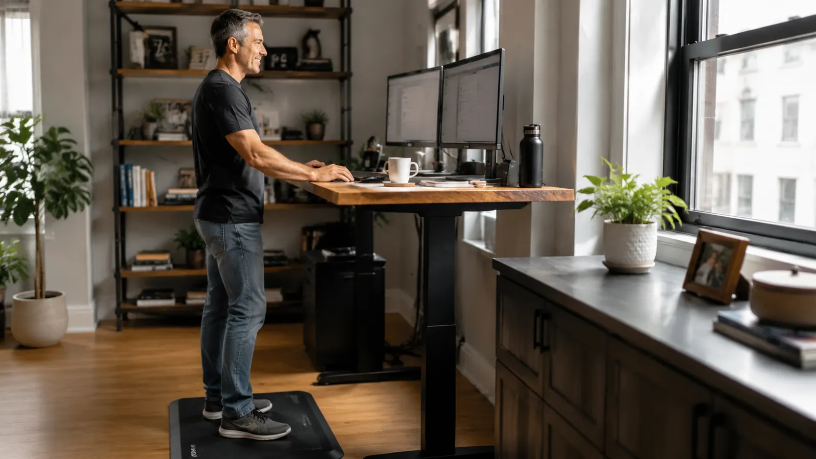 Home office worker standing at a sit-stand desk converter, comfortable posture, warm natural light through a window