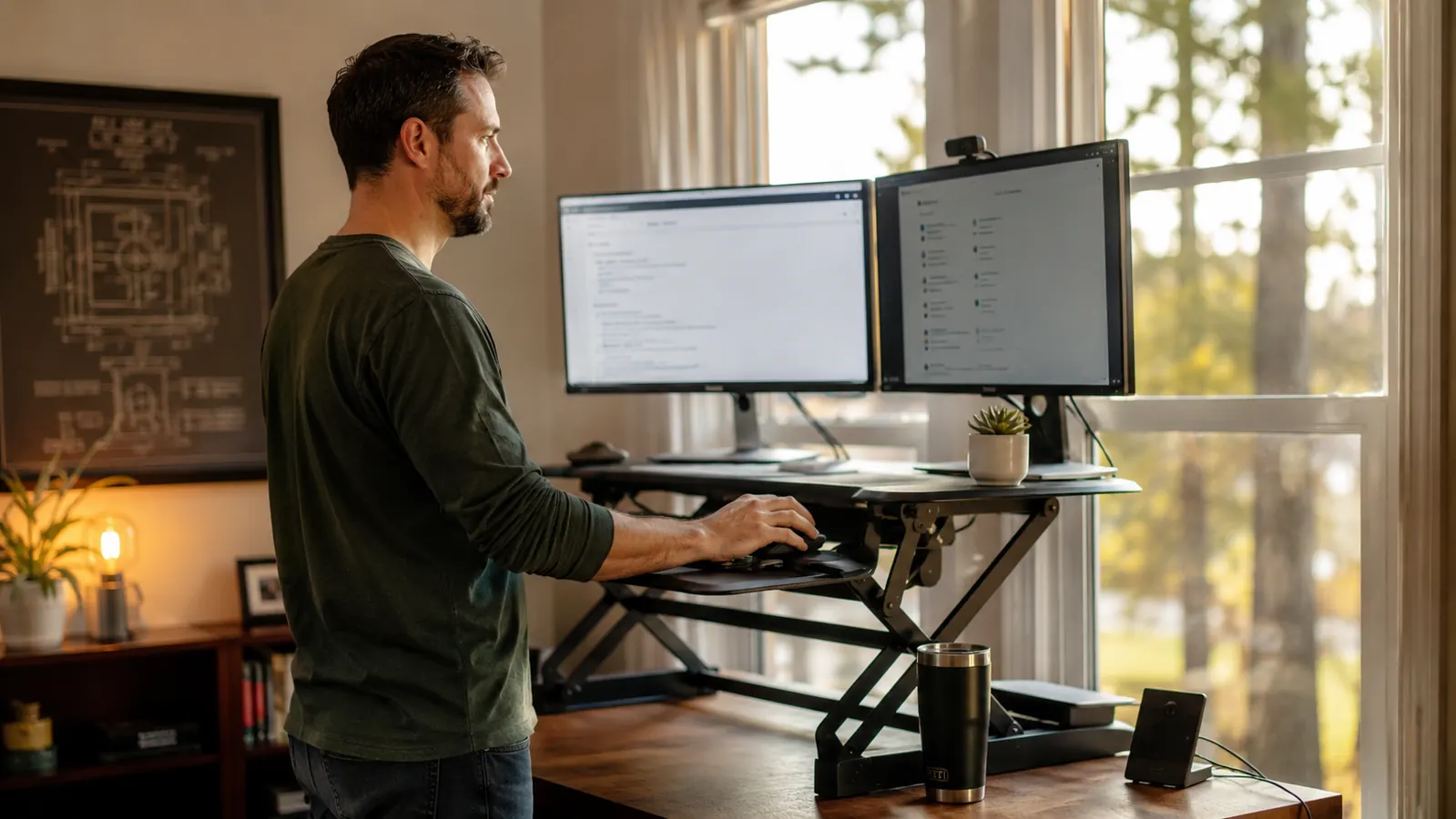 Remote worker in socks standing on a contoured anti-fatigue mat at a raised desk converter