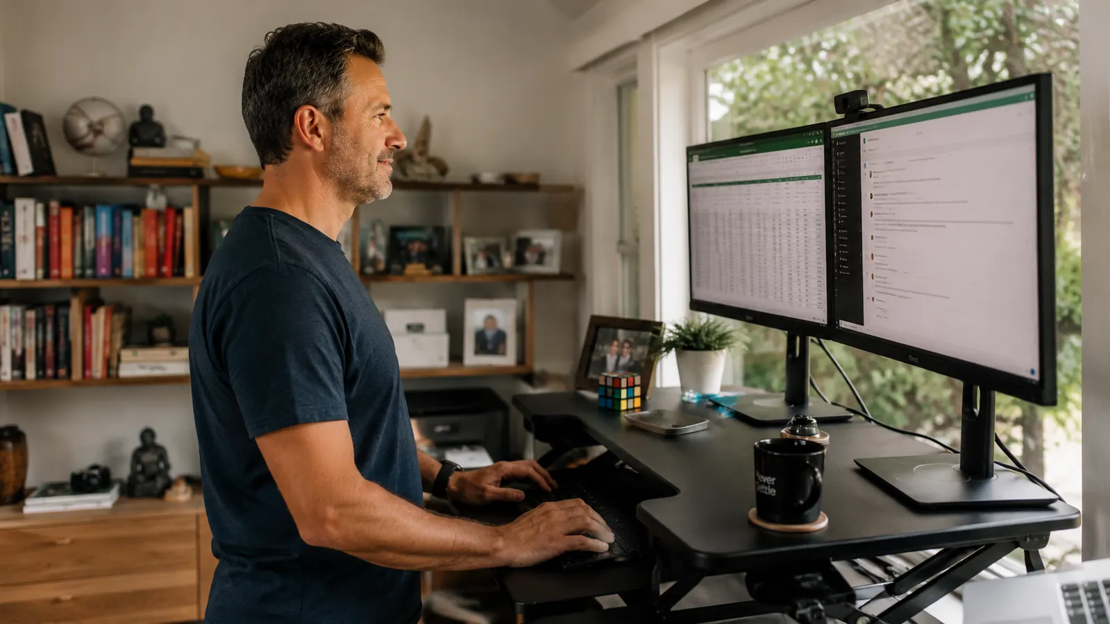 Remote worker standing at a desk converter in a bright home office, with a monitor raised to eye level and a keyboard at elbow height