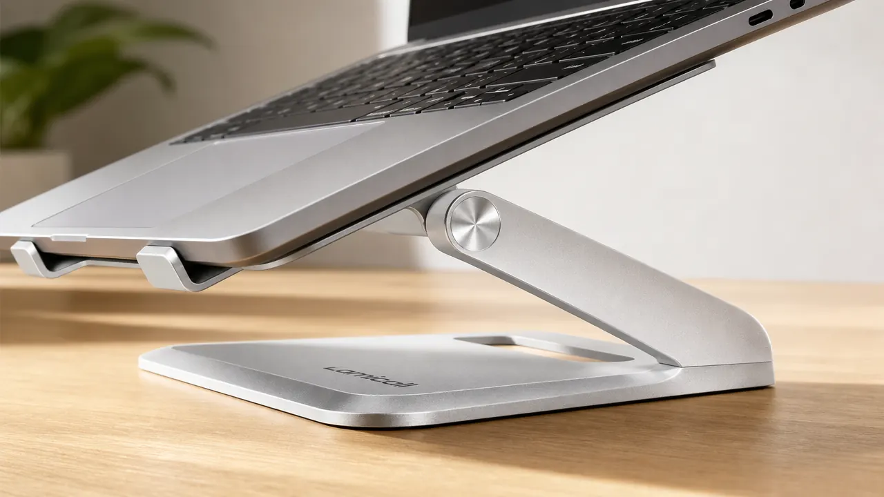 Underside view of a laptop on the Lamicall stand showing the rubber cradle lip in contact with the laptop's side vents