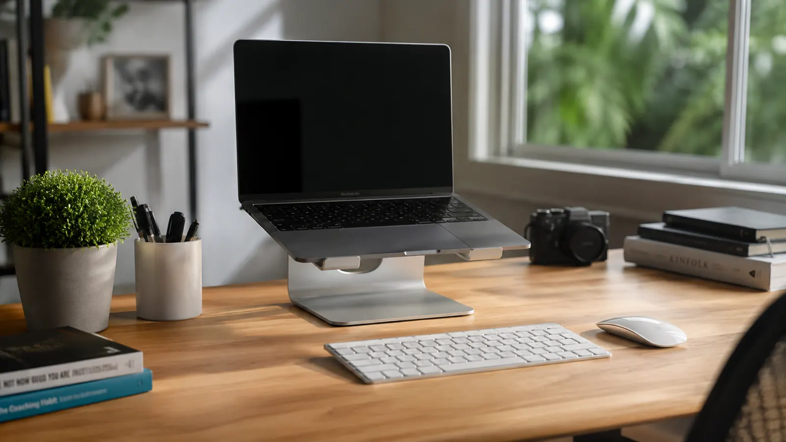 Lamicall aluminum laptop stand on a clean wood-grain desk with a laptop at eye level, overhead soft lighting showing the stand's open-back frame