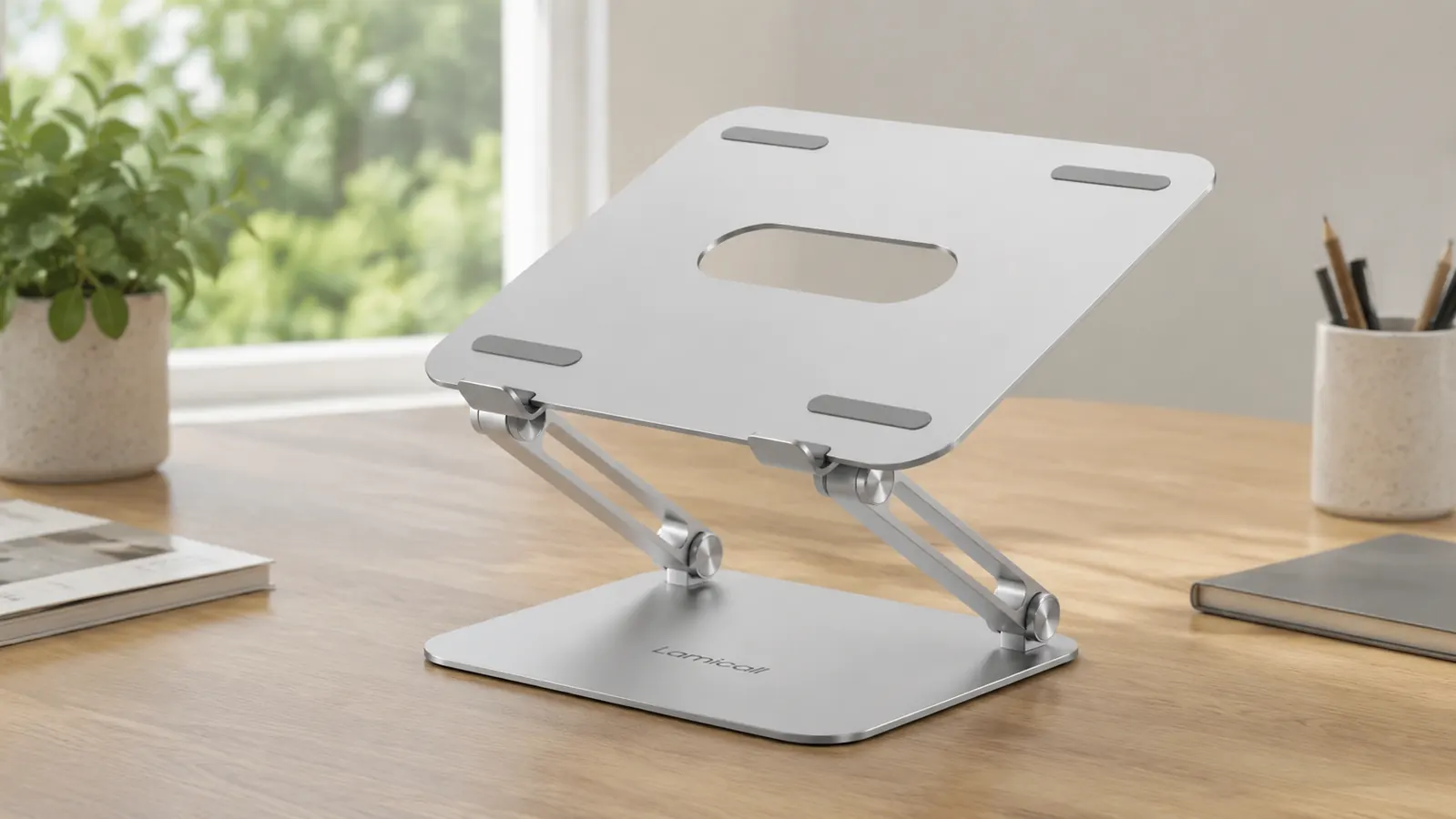 Close-up of the Lamicall laptop stand adjustment mechanism showing the hinge lock and the ribbed silicone grip pads