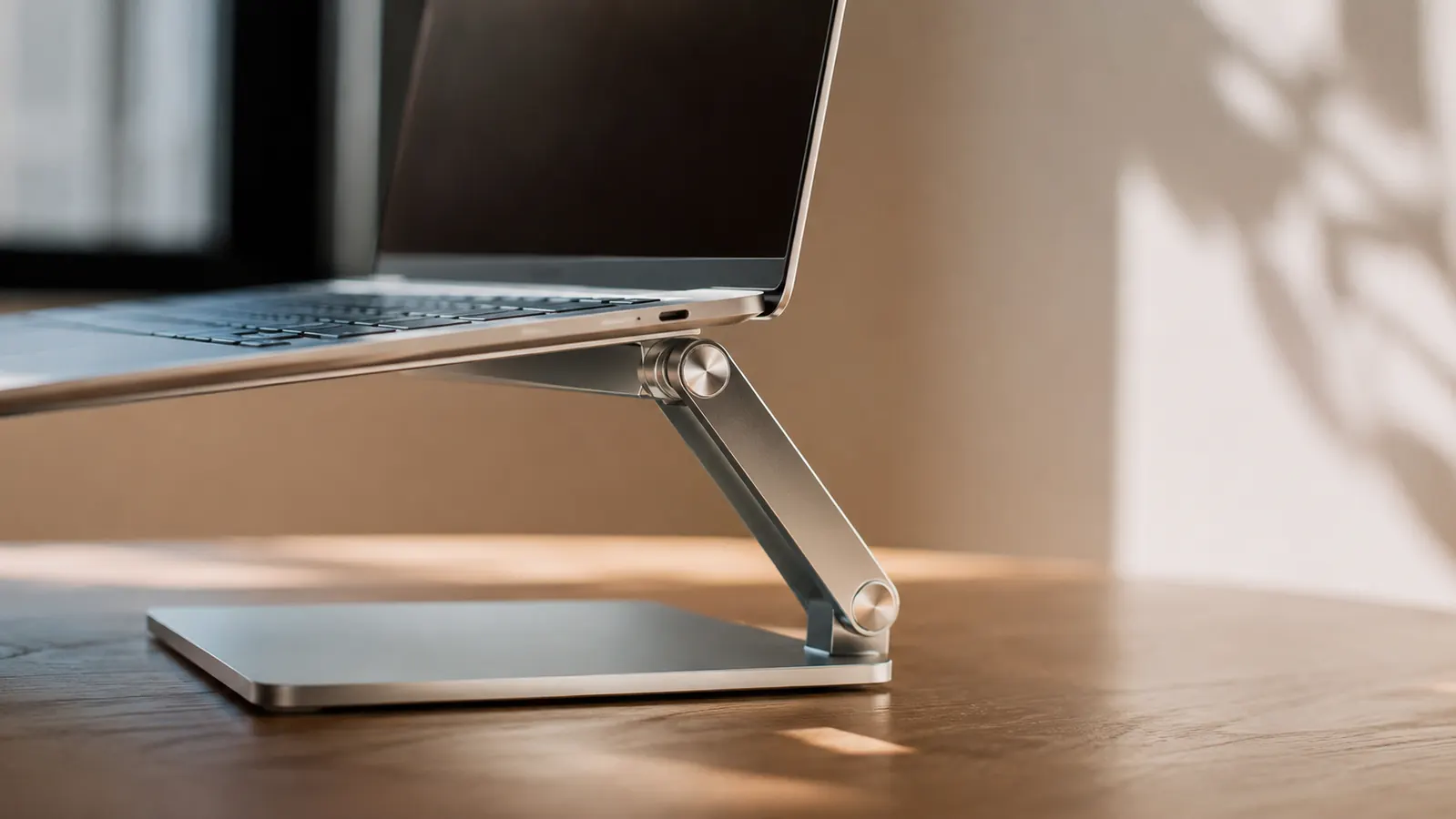 Remote worker at a home office desk using a laptop on a stand with an external keyboard, good posture with screen at eye level