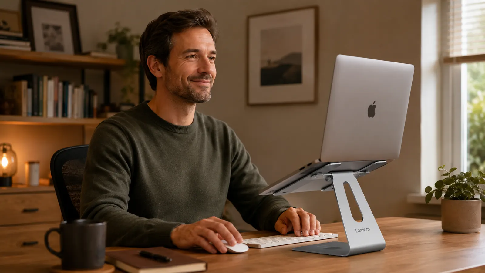Hands adjusting the angle of a silver Lamicall laptop stand with a MacBook resting on it
