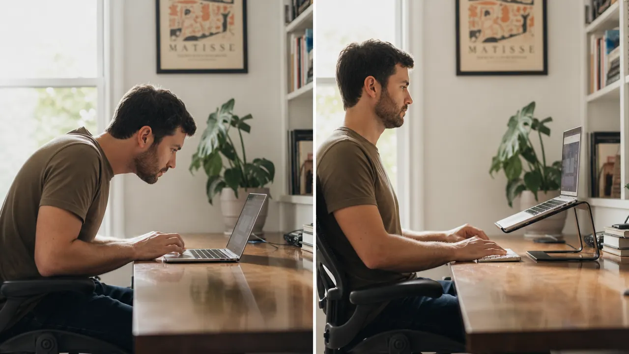 Person sitting comfortably at a home office desk with eyes level with the laptop screen on a stand
