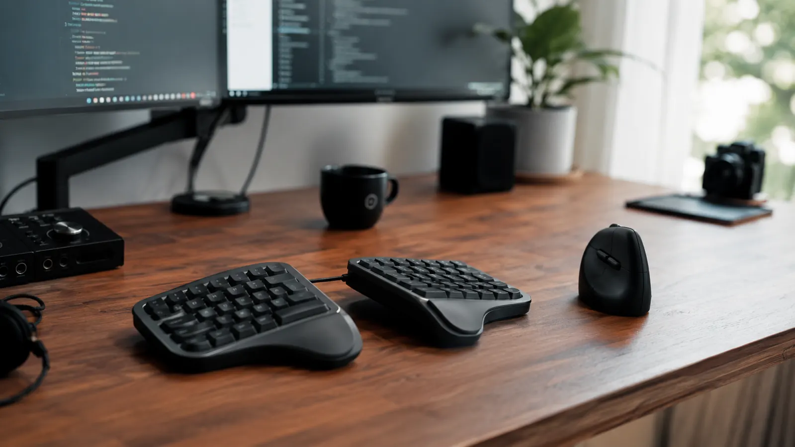 Logitech K860 ergonomic keyboard centered on a cluttered desk showing how much space it occupies compared to a coffee mug and notebook