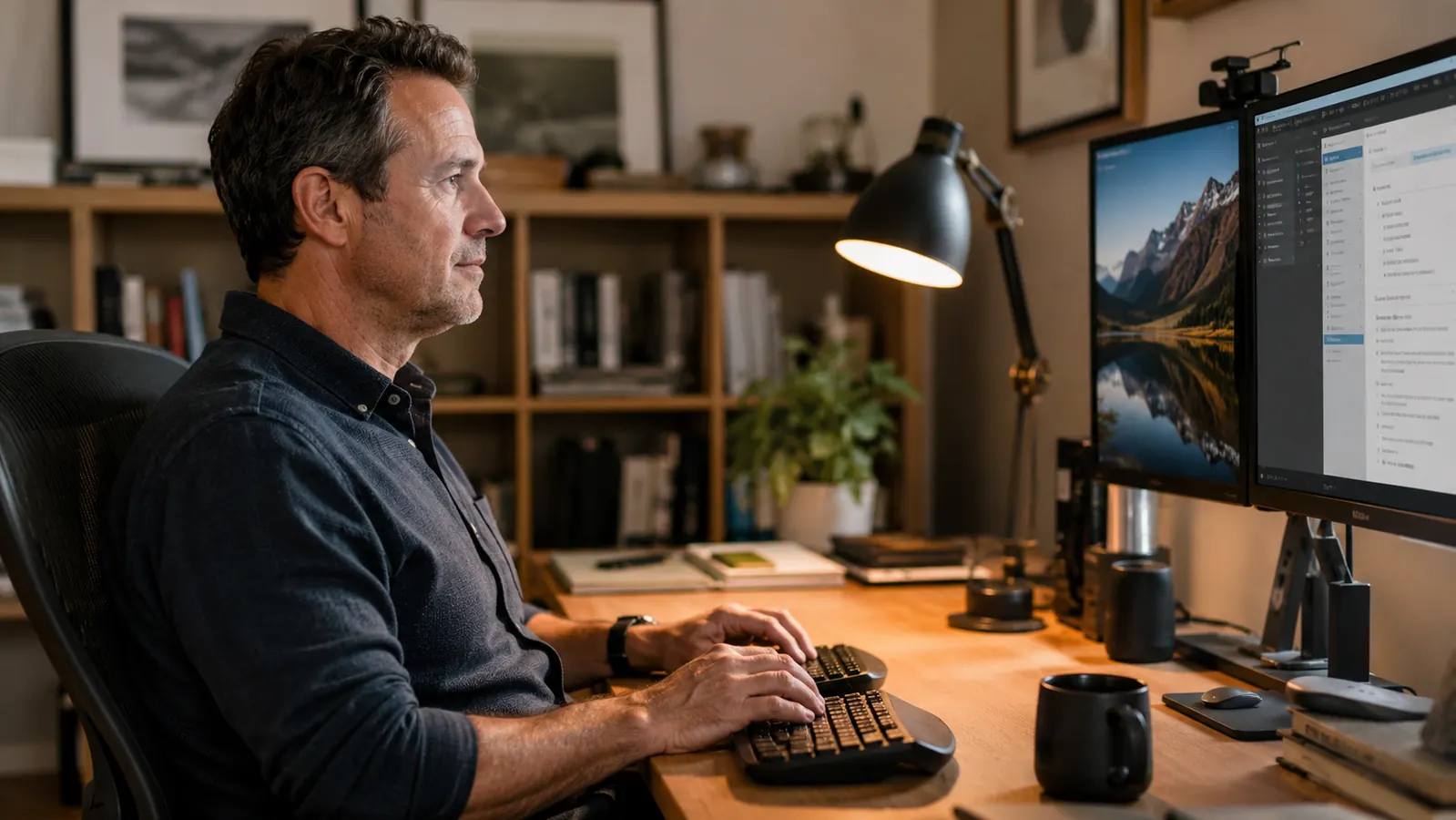 Logitech Ergo K860 split ergonomic keyboard on a wood-tone desk with soft morning window light behind it