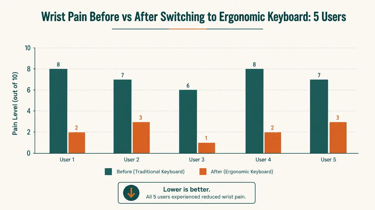 Comparison diagram showing straight keyboard wrist angle versus angled split keyboard wrist position