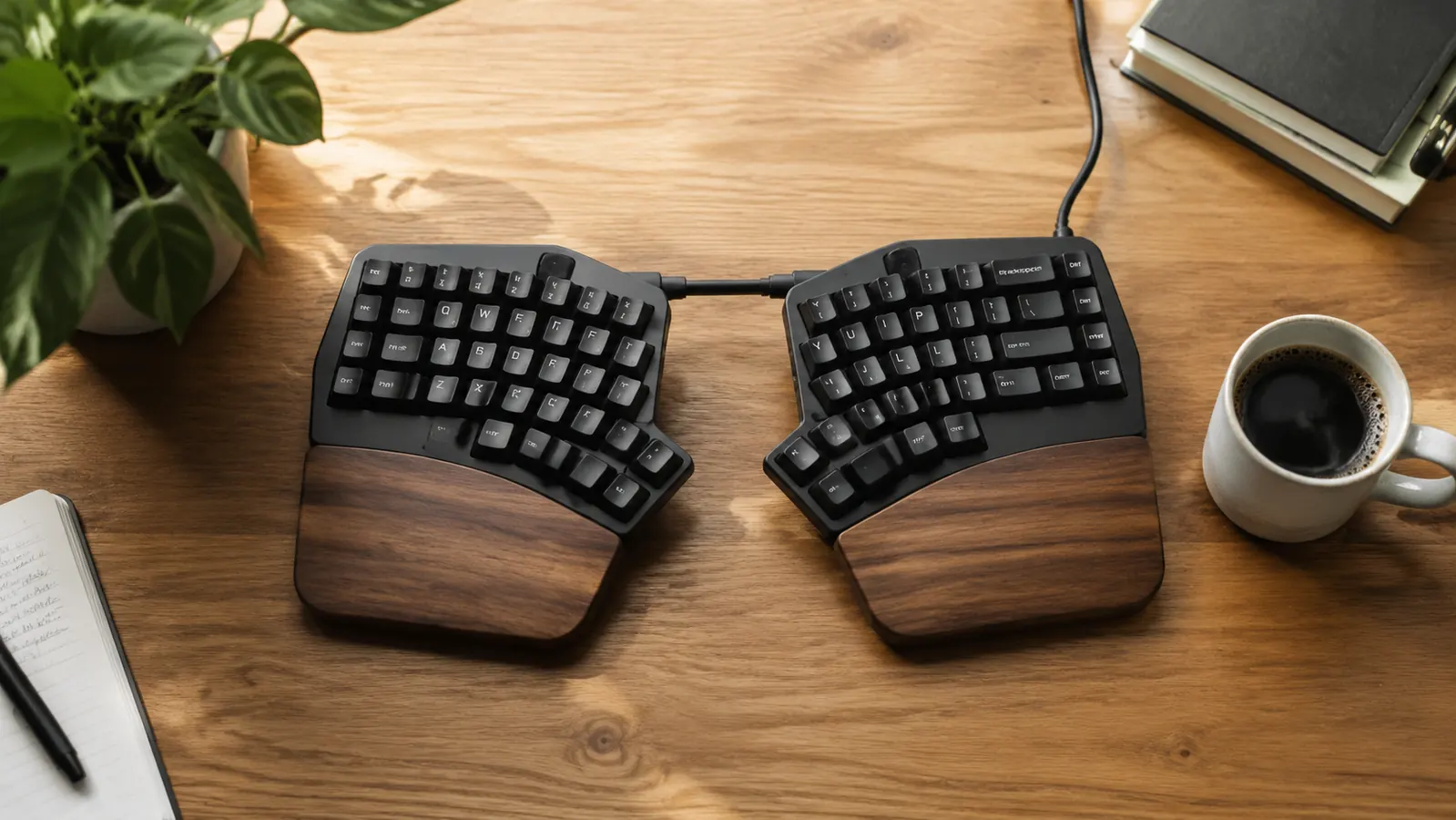 Home office desk setup with ergonomic keyboard, vertical mouse, and laptop stand showing a clean organized workspace