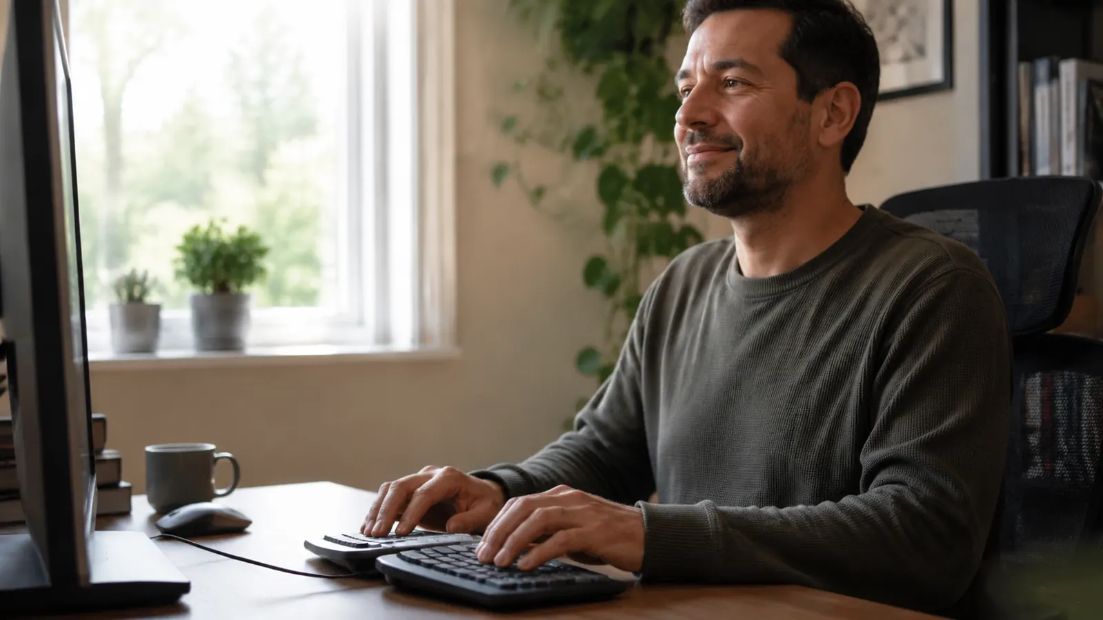 Person typing on a split ergonomic keyboard at a home office desk with warm morning light coming through a window