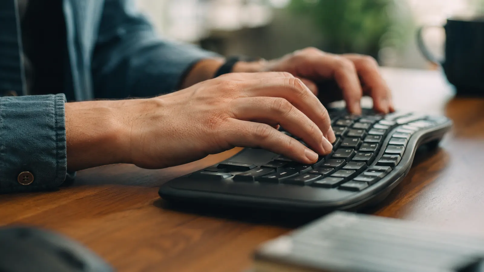 Remote worker at a home office desk using an ergonomic keyboard, looking relaxed and focused