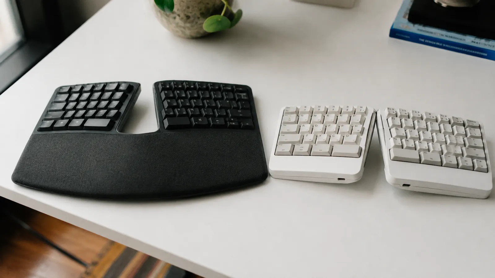 Logitech K860 ergonomic split keyboard on a clean home office desk next to a coffee mug and notebook