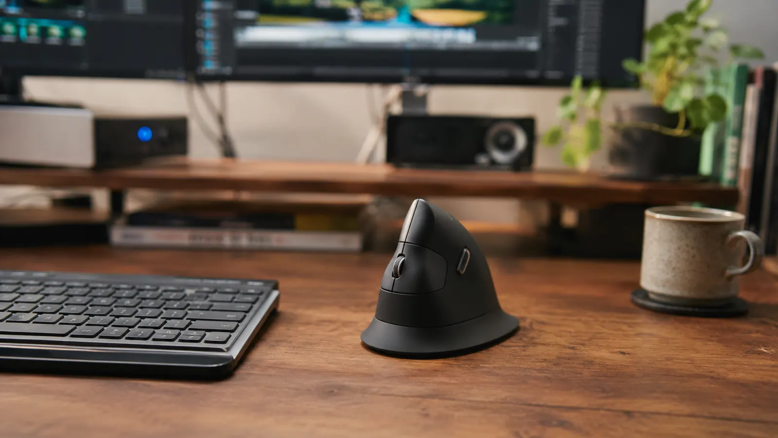 Logitech MX Vertical mouse standing upright on a desk next to a standard flat mouse for scale comparison
