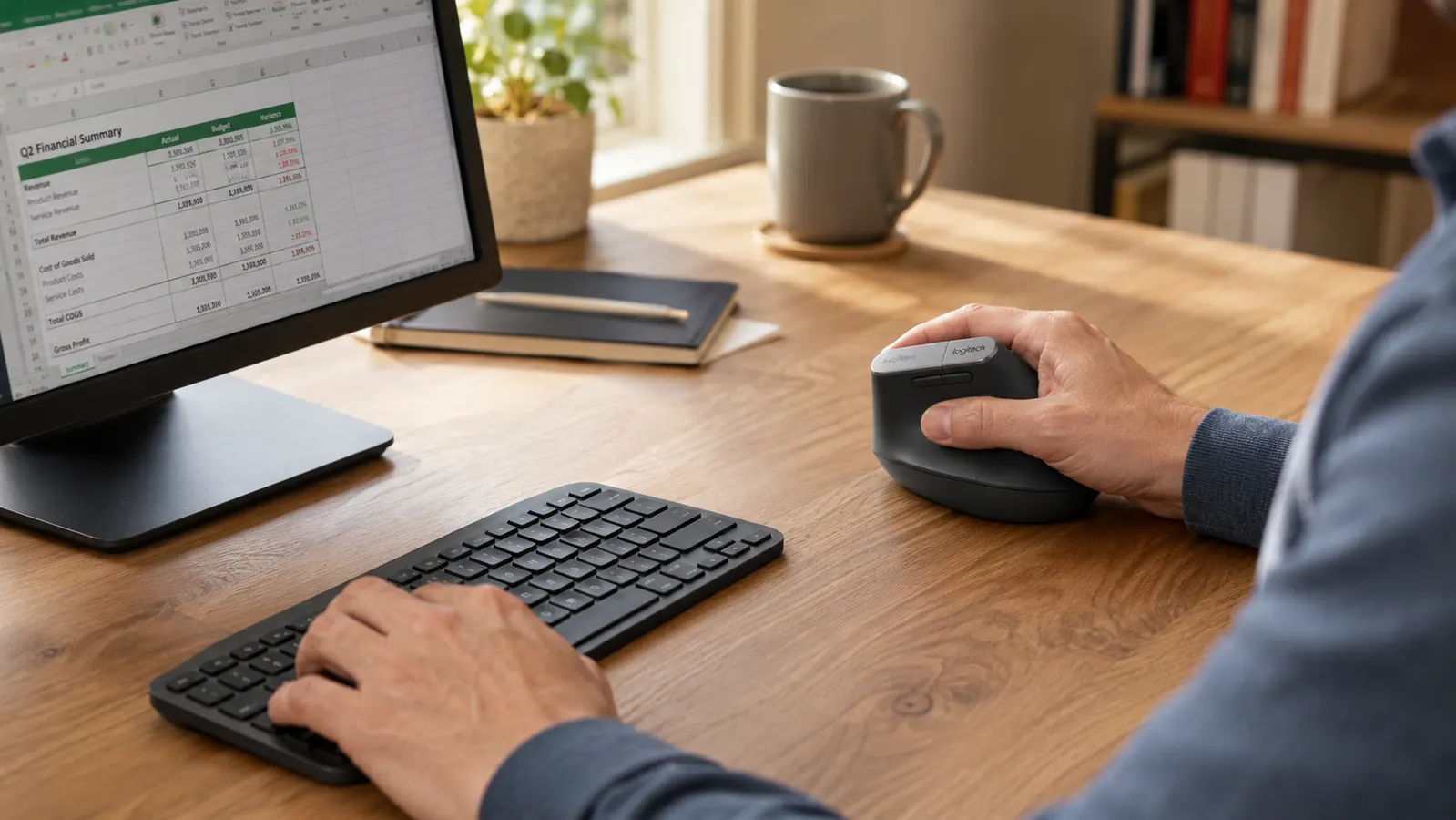 Hand gripping the Logitech MX Vertical mouse in the upright handshake position at a desk