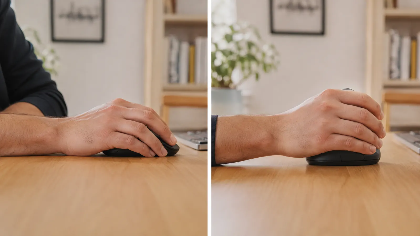 Home office desk from a slight overhead angle showing a vertical mouse, ergonomic keyboard, and laptop stand as a complete ergonomic setup