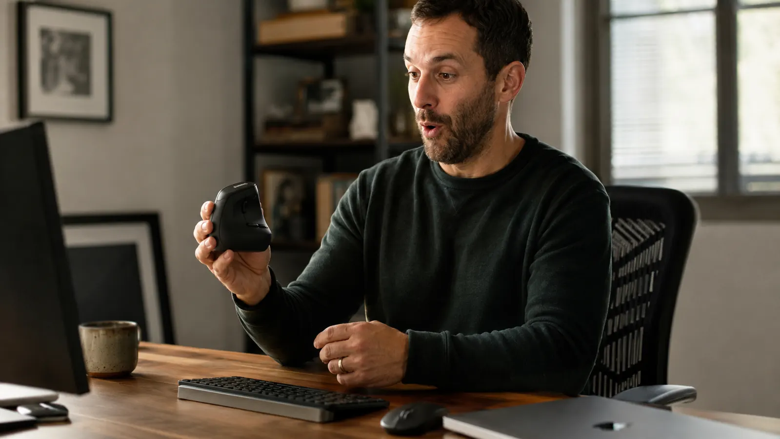 Person using a vertical ergonomic mouse at a home office desk with soft afternoon light, relaxed forearm posture