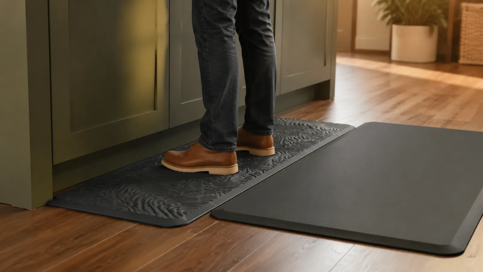 Close-up of feet on the raised contoured surface of the Ergodriven Topo mat next to a standing desk