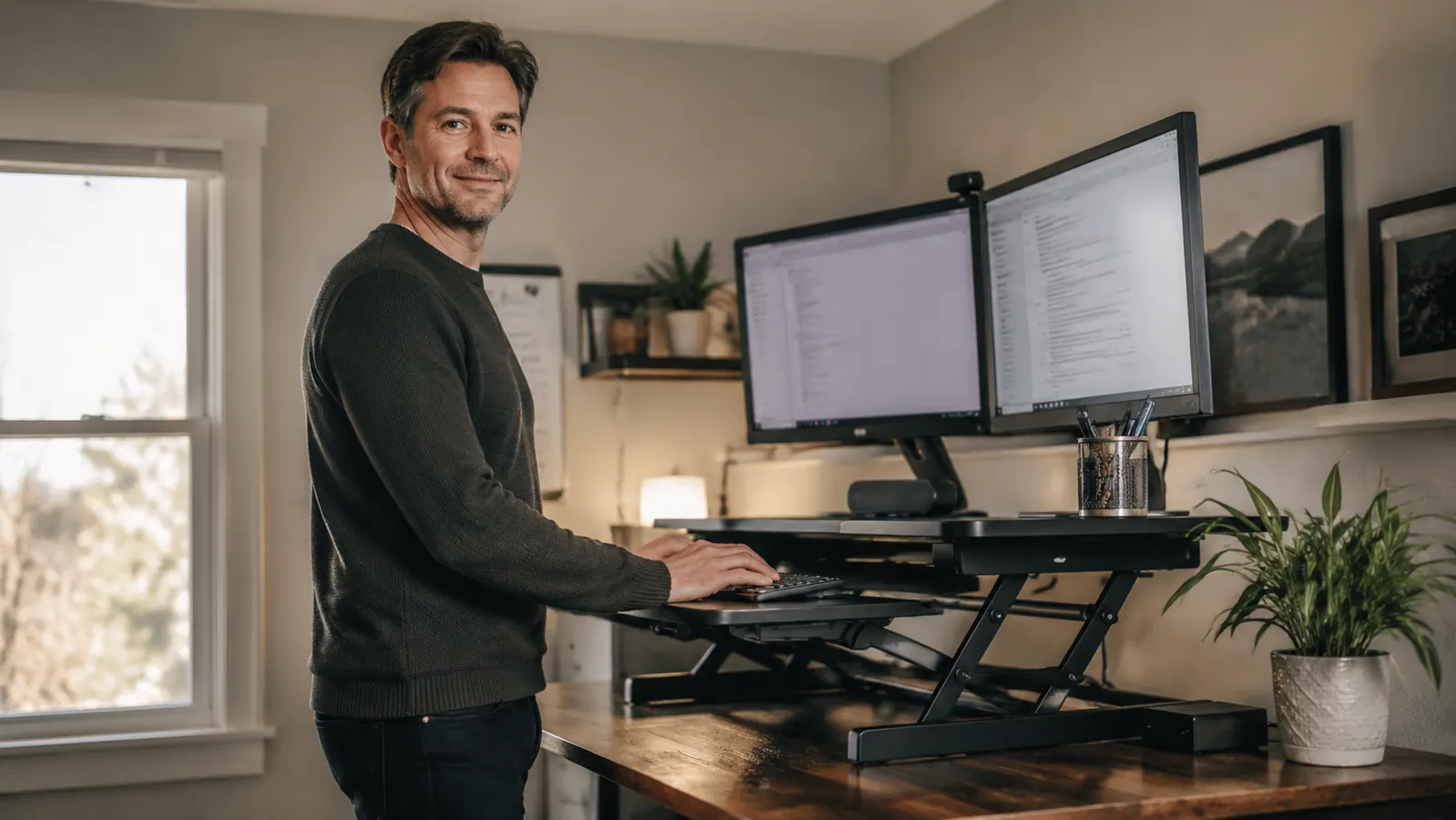 Woman working at a raised standing desk converter in a bright, tidy home office with afternoon light coming through the window