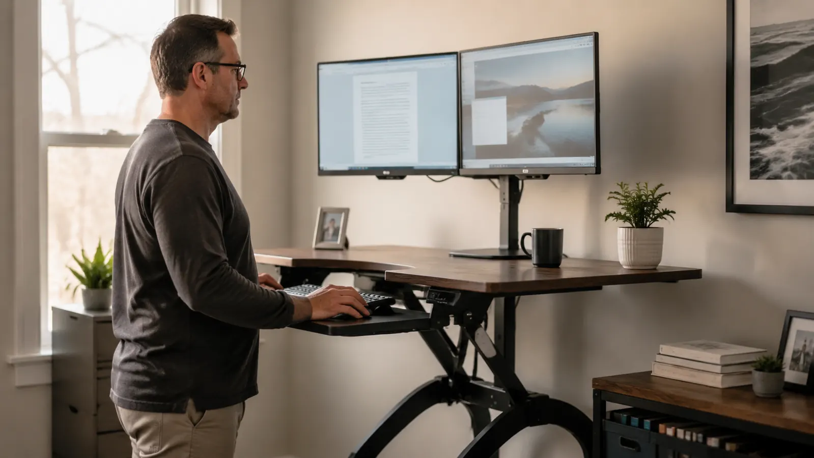 VIVO K-Series desk converter sitting on a home office desk at mid-range height, monitor and keyboard visible, slightly cluttered real-world desk surface around it
