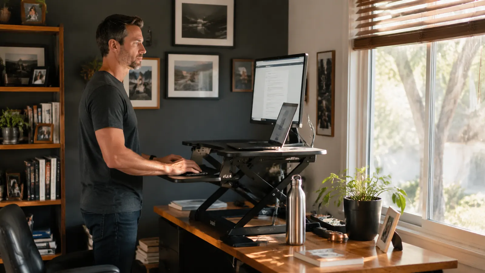 Remote worker standing comfortably at a raised desk converter with good posture, looking at a monitor, in a bright home office with bookshelves in the background