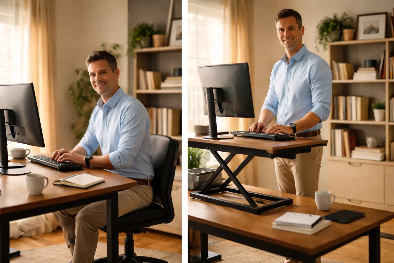 VIVO K-Series 32-inch desk converter raised to standing height on a home office desk with a monitor, keyboard, and warm morning light coming through a window