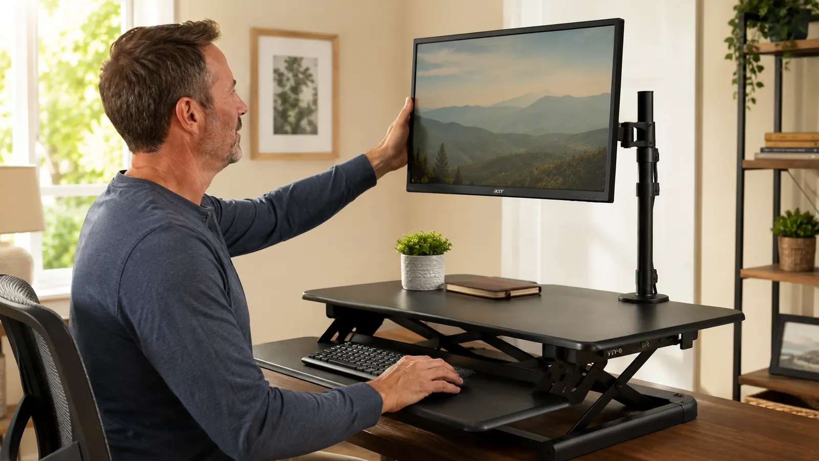 VIVO K-Series 32-inch desk converter raised to standing height with dual monitors and a keyboard tray extended, in a real home office