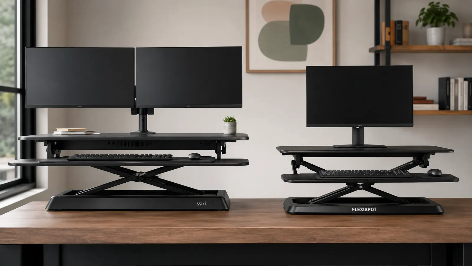 Side-by-side view of a compact home office desk with a VIVO desk converter raised to standing height on one side, and a full motorized standing desk frame on the other
